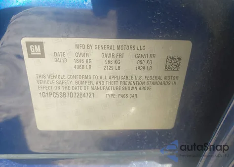 2013 Chevrolet Cruze 1Lt Auto z USA, uszkodzony, nr VIN 1G1PC5SB7D7284721